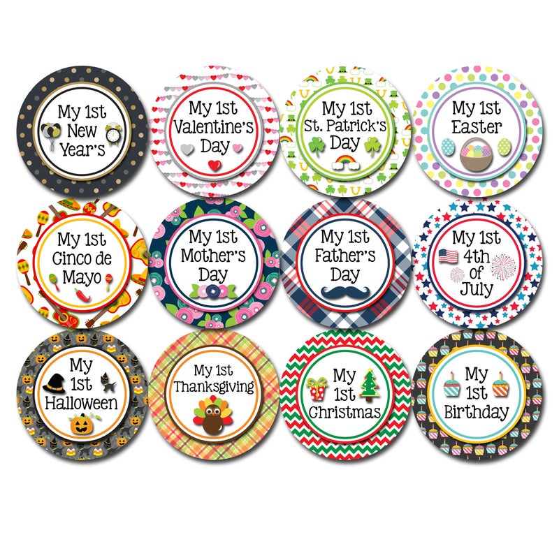 Months In Motion My First Holiday Baby Stickers Milestone Christmas, Birthday, Halloween, Easter, Thanksgiving Baby Sticker (Holiday 2) - Image 1